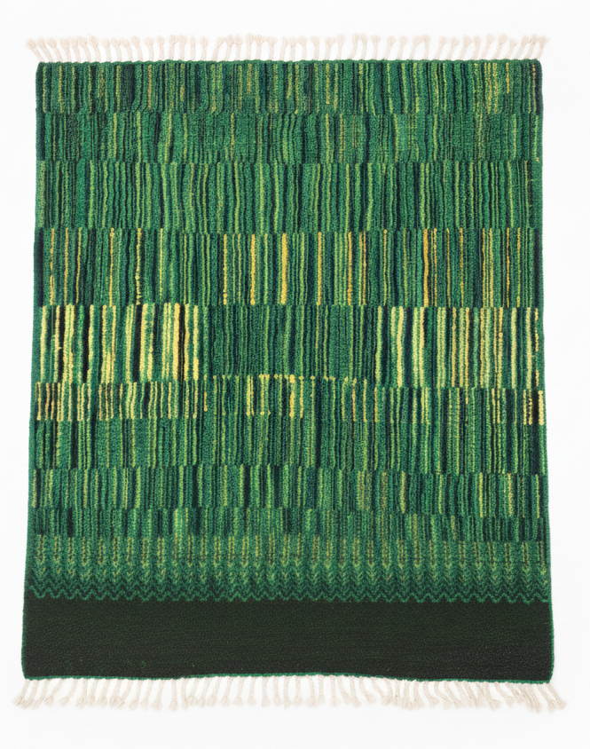Green woven rug with striped pattern on a white background
