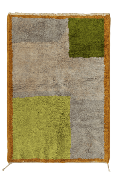 Kasbah Verde - Moroccan Rug with Geometric Blocks featuring geometric blocks in sage, olive, and sand tones with an ochre border.