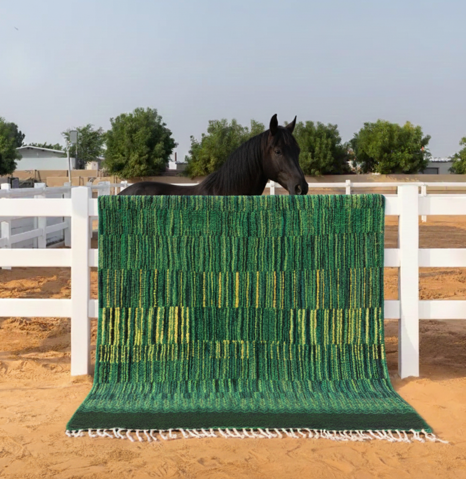 Horse standing behind a green and yellow striped rug in an outdoor setting.